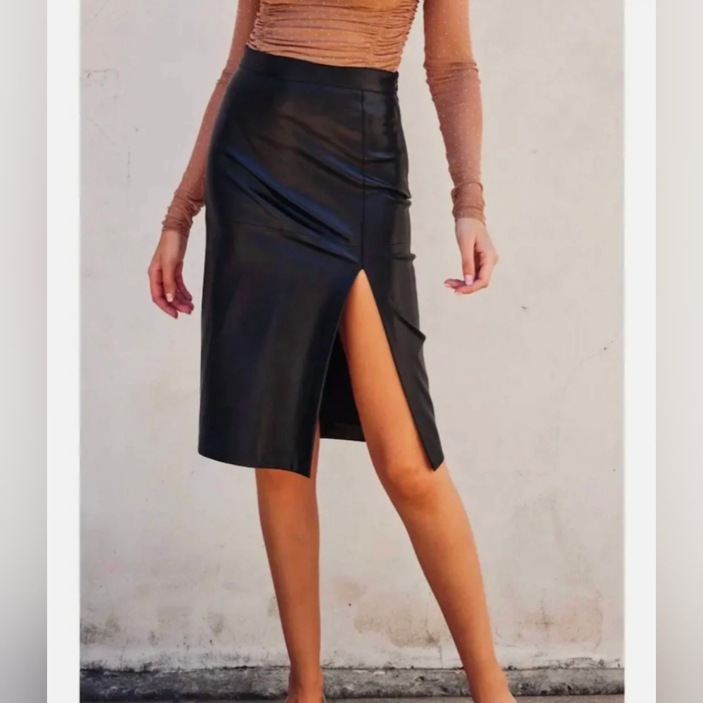 DRESS FORUM lainey faux leather midi slit skirt Brown Sz.M